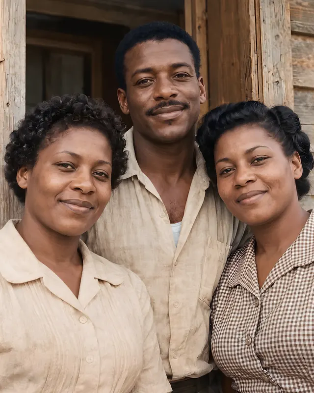 Three adult siblings at a doorway, after: the print restored and colorized.