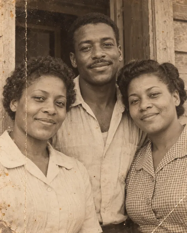 Three adult siblings at a doorway, before: the folded, worn print.