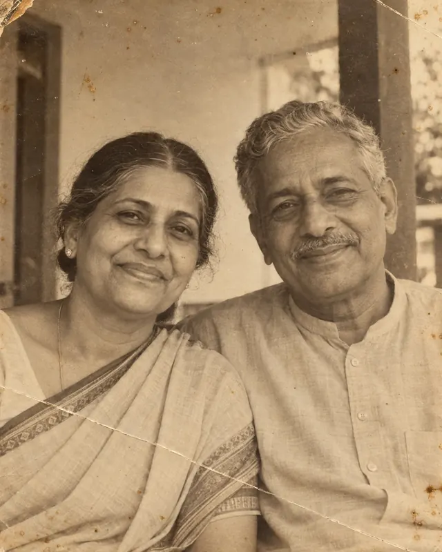 An older couple on a veranda, before: the yellowed, creased print.